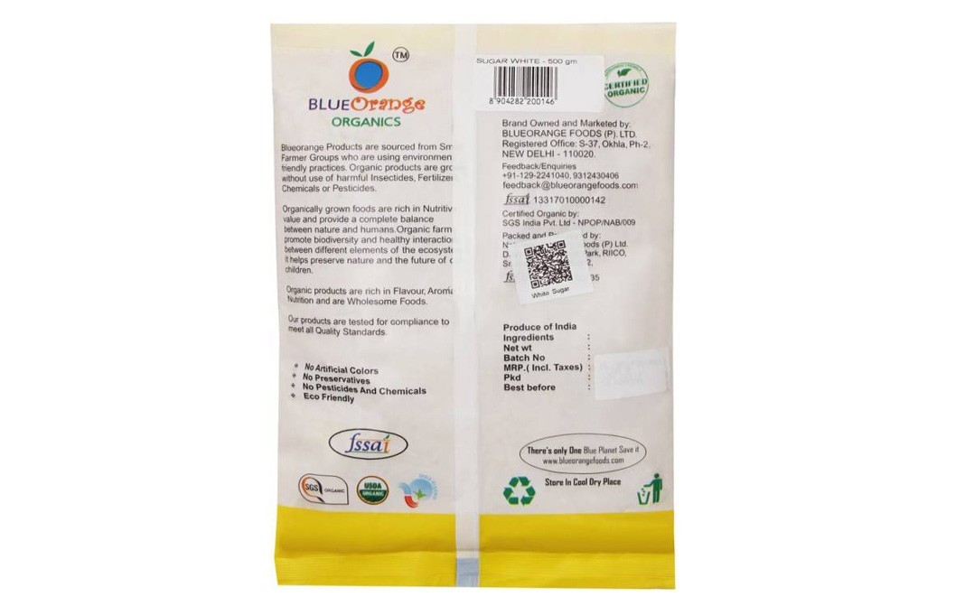 Blue Orange Organics Sugar White    Pack  500 grams
